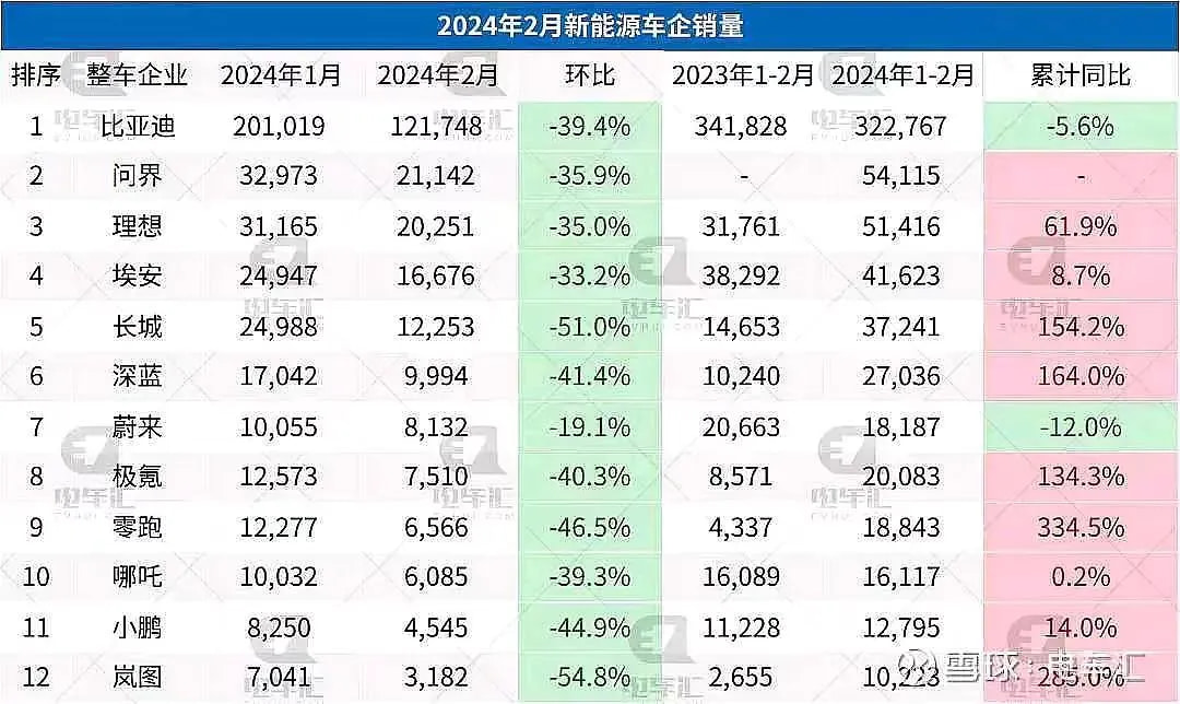 2024年2月新能源车企销量
