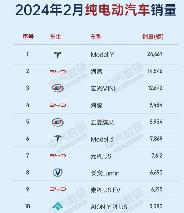 2024年2月纯电动汽车销量